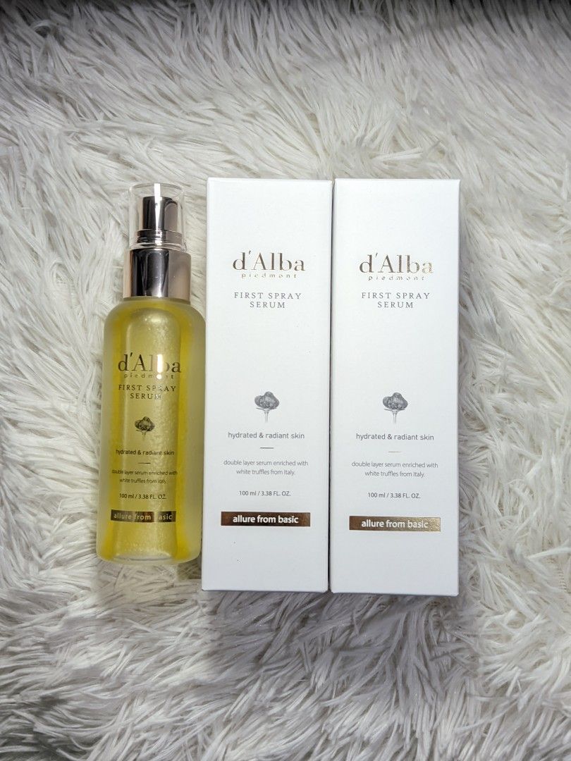 d'Alba First Spray Serum 100ml with extra box (Category: Face Care) located in Manila. Submitted by aprilmonar80903 (Listing ID 1464796062, Image 1). Description: - Product: d'Alba White Truffle First Spray Serum - Size: 100ml per bottle - Condition: Set of 3 (1 opened bottle used lightly, plus 2 brand new, sealed boxes) - Benefits: Double-layer formula for deep hydration and radiant skin - Authenticity: 100% authentic, bought extra stocks and cl