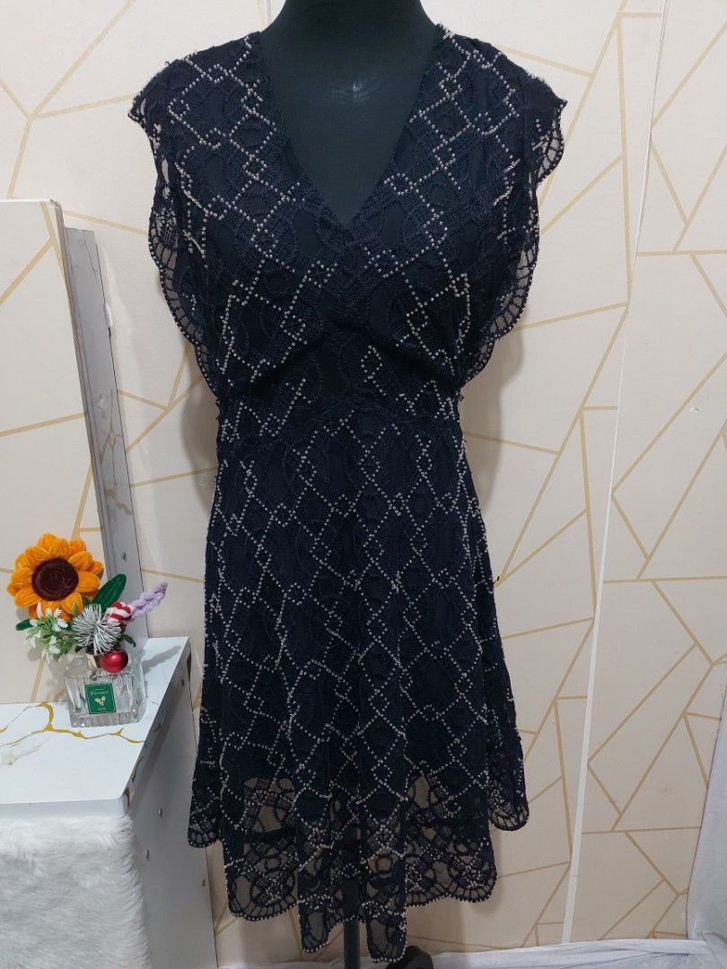 Dark Blue Lace Dress with Beaded Diamond Pattern (Category: Dresses) located in Manila. Submitted by jollyann_b1990 (Listing ID 1464892601, Image 1). Description: - Color: Dark blue - Design: Lace with beaded diamond pattern - Neckline/Sleeves: V-neck with layered short sleeves and scalloped hems - Length: Midi length with sheer hem panel - Closure:one side zipper - Fit: Lightweight and very comfortable.
