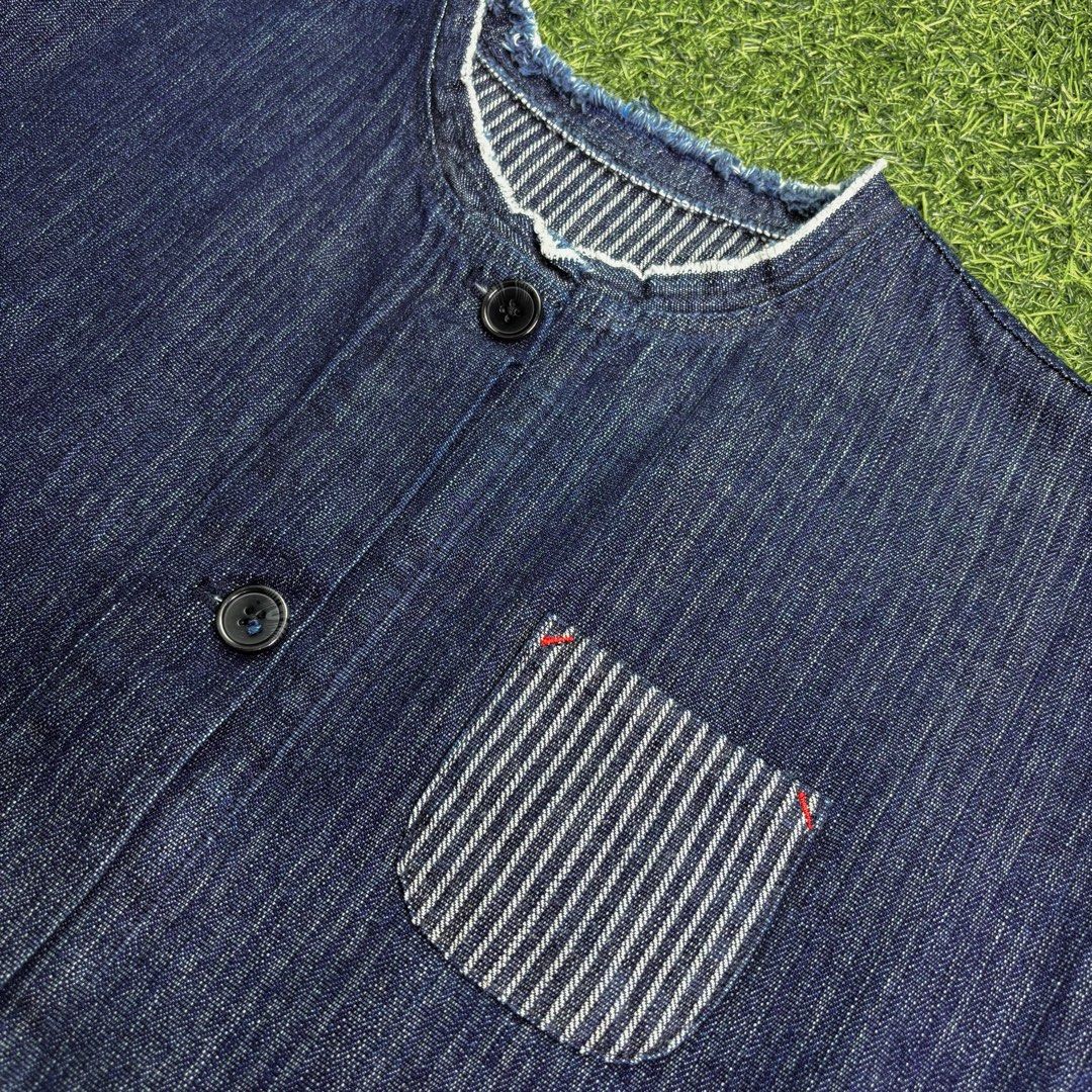 Denim | Chambray Polo. (Category: Coats, Jackets and Outerwear) located in Manila. Submitted by bypiecesandstories (Listing ID 1464882610, Image 3). Description: Denim | Chambray Polo. 799 PHP 🧡 Perfect Condition Can Fit — Small to Large Dimensions — W 24" L 27" A textured denim polo with subtle stripes and a classic chest pocket detail. An easy everyday piece that brings a relaxed, timeless feel to your wardrobe. • REMINDERS • — Read the Rules 