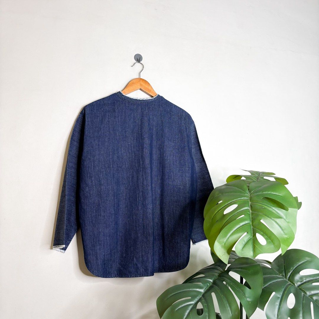 Denim | Chambray Polo. (Category: Coats, Jackets and Outerwear) located in Manila. Submitted by bypiecesandstories (Listing ID 1464882610, Image 2). Description: Denim | Chambray Polo. 799 PHP 🧡 Perfect Condition Can Fit — Small to Large Dimensions — W 24" L 27" A textured denim polo with subtle stripes and a classic chest pocket detail. An easy everyday piece that brings a relaxed, timeless feel to your wardrobe. • REMINDERS • — Read the Rules 