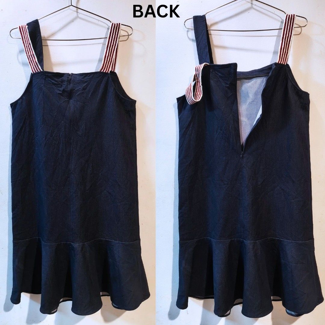 DENIM DRESS (Category: Dresses) located in Quezon City. Submitted by trendyretro (Listing ID 1464873253, Image 3). Description: only worn once looks 💯 brand new color 💯 Large on tag can fit up to XL stretchable zippered back thick soft dark colored denim fabric **One strap is meant to be worn off the shoulder, but you can have it altered by adjusting the hem if you prefer it on the shoulder..