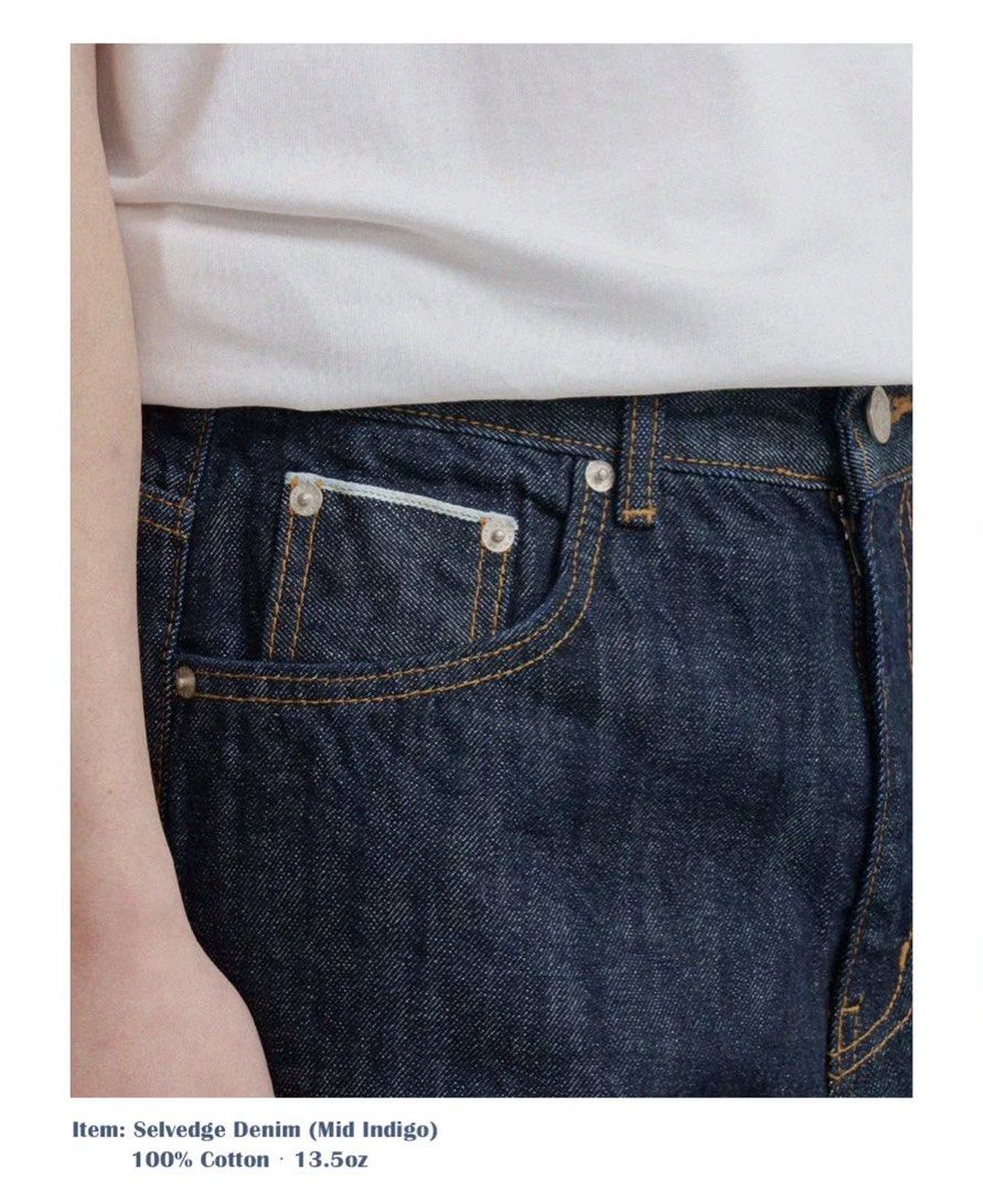 Denmade “Mid Indigo” Wide Selvedge Denim (Category: Jeans) located in Bacolod City. Submitted by moboandmoga (Listing ID 1464848315, Image 2). Description: Denmade “Mid Indigo” Wide Selvedge Denim Size: 32 10/10 Condition! (Sizing info) Waistline: 16 inches Leg op: 9.2” Length: 41.7” •13.5oz •Blue stitch selvedge •Mid Indigo Color.