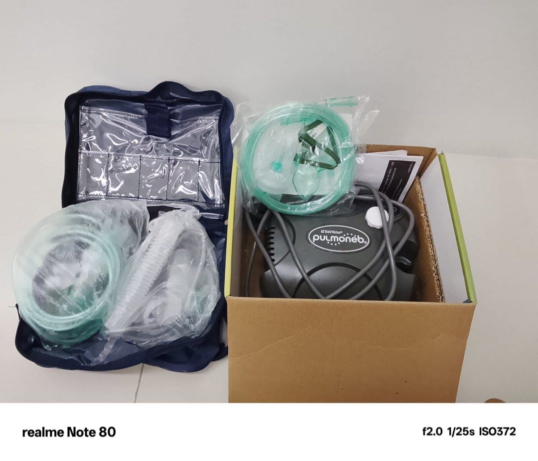 Devilbiss PulmOneb Compact Compressor Nebulizer System (Category: Medical Supplies & Tools) located in Muntinlupa City. Submitted by ntkumar (Listing ID 1464924797, Image 3). Description: - Brand: Devilbiss PulmoNeb - Type: Compact compressor nebulizer system (Designed in USA) - Inclusions: Main unit, tubing, mask, instructions, and original carrying bag - Packaging: Everything packed neatly inside the original box - Warranty: 3-year limited warr