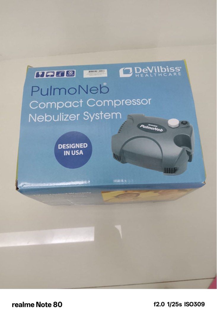 Devilbiss PulmOneb Compact Compressor Nebulizer System (Category: Medical Supplies & Tools) located in Muntinlupa City. Submitted by ntkumar (Listing ID 1464924797, Image 2). Description: - Brand: Devilbiss PulmoNeb - Type: Compact compressor nebulizer system (Designed in USA) - Inclusions: Main unit, tubing, mask, instructions, and original carrying bag - Packaging: Everything packed neatly inside the original box - Warranty: 3-year limited warr