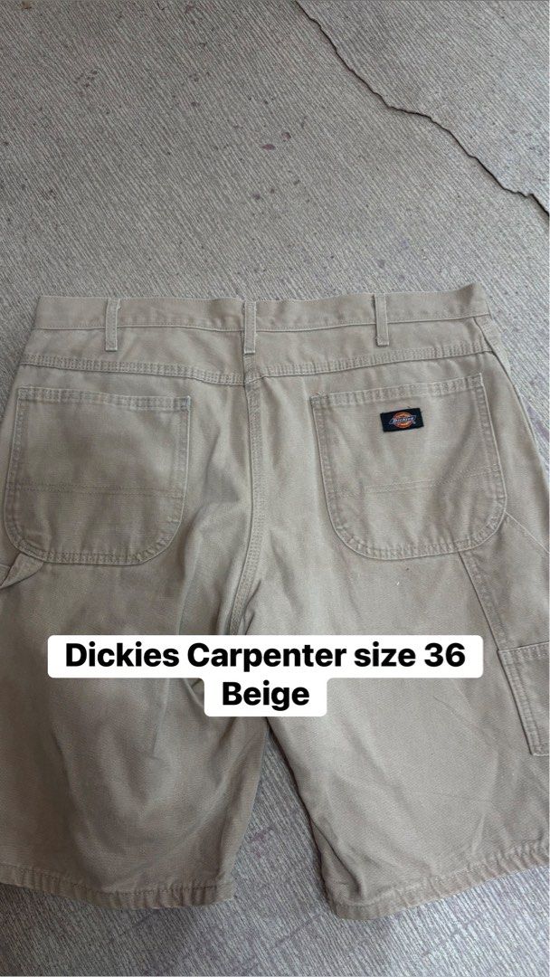 Dickies Carpenter Shorts Size 36 Beige (Category: Shorts) located in Ajuy. Submitted by reeyn0515 (Listing ID 1464925410, Image 1). Description: - Brand: Dickies - Item: Carpenter Shorts - Color: Beige - Size: Waist 36 - Material: Heavy-duty cotton canvas - Features: Classic utility pockets, hammer loop, button closure with zip fly - Style: Standard fit, great for skate or workwear.