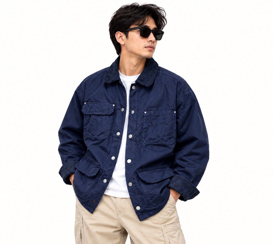 Divided Navy Blue Utility Jacket with Corduroy Collar (Category: Coats, Jackets and Outerwear) located in Zamboanga. Submitted by dayangjail94920 (Listing ID 1464857199, Image 1). Description: - Brand/Model: Divided utility jacket - Color: Navy blue with contrasting dark corduroy collar and cuffs - Closure: Snap button front - Pockets: Multiple utility pockets on chest and lower body - Fit: Relaxed fit with dropped shoulders - Material: Heavy cot