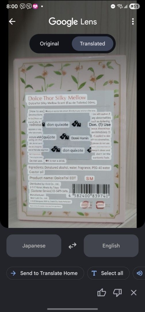 Dolce Thor Silky Mellow Eau de Toilette 50ml (Category: Fragrance & Deodorants) located in Pasig City. Submitted by authentic_rack (Listing ID 1464771491, Image 3). Description: - Brand: Dolce Thor - Product: Silky Mellow Eau de Toilette - Size: 50ml - Condition: Brand new, unopened, and 100% intact box - Source: Bought directly from Don Quijote - Packaging: Gorgeous pink box with floral branch illustrations - Ingredients: Denatured alcohol, wate