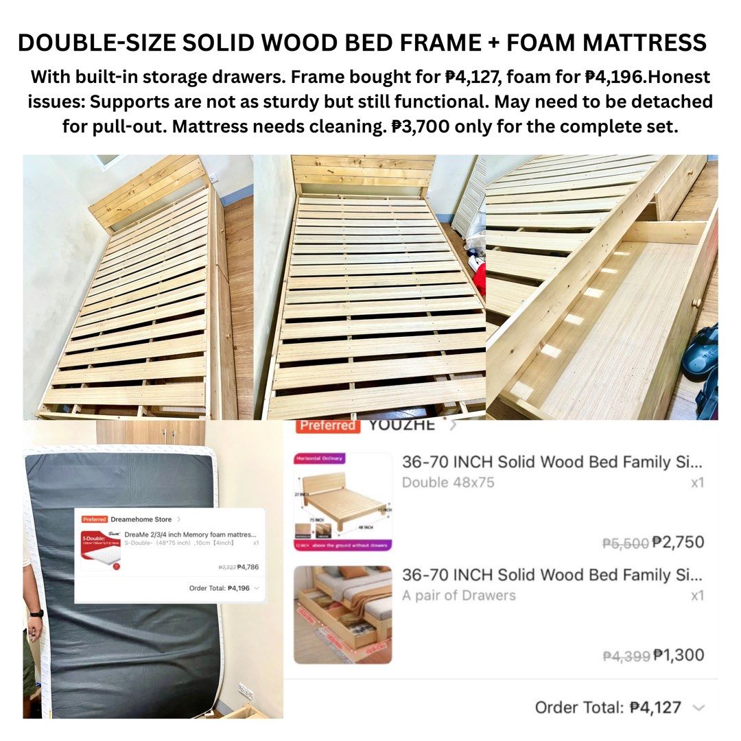 Double-Size Solid Wood Bed Frame with Foam Mattress (Category: Bed Frames & Mattresses) located in Manila. Submitted by mrbeatrice35471 (Listing ID 1464796837, Image 1). Description: - Item: Double-size solid wood bed frame + foam mattress set - Price: P3,700 (Original total: ~P8,323) - Features: Built-in storage drawers underneath - Condition Notes: Frame supports are functional but not super sturdy; mattress needs cleaning - Transport: Might ne