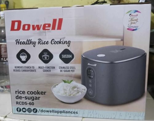 DOWELL HEALTHY RICE COOKER RCDS-60 (Category: Cookers) located in Caloocan City. Submitted by charlie232a66 (Listing ID 1464839045, Image 2). Description: 605W multi-functional digital cooker designed to reduce carbohydrate intake while offering general cooking presets. Product Description & Specifications • Capacity: 6 cups for regular rice; 3 cups for low de-sugar (low-carb) rice. • Power Rating: 605 Watts. • Display & Control: Digital display 