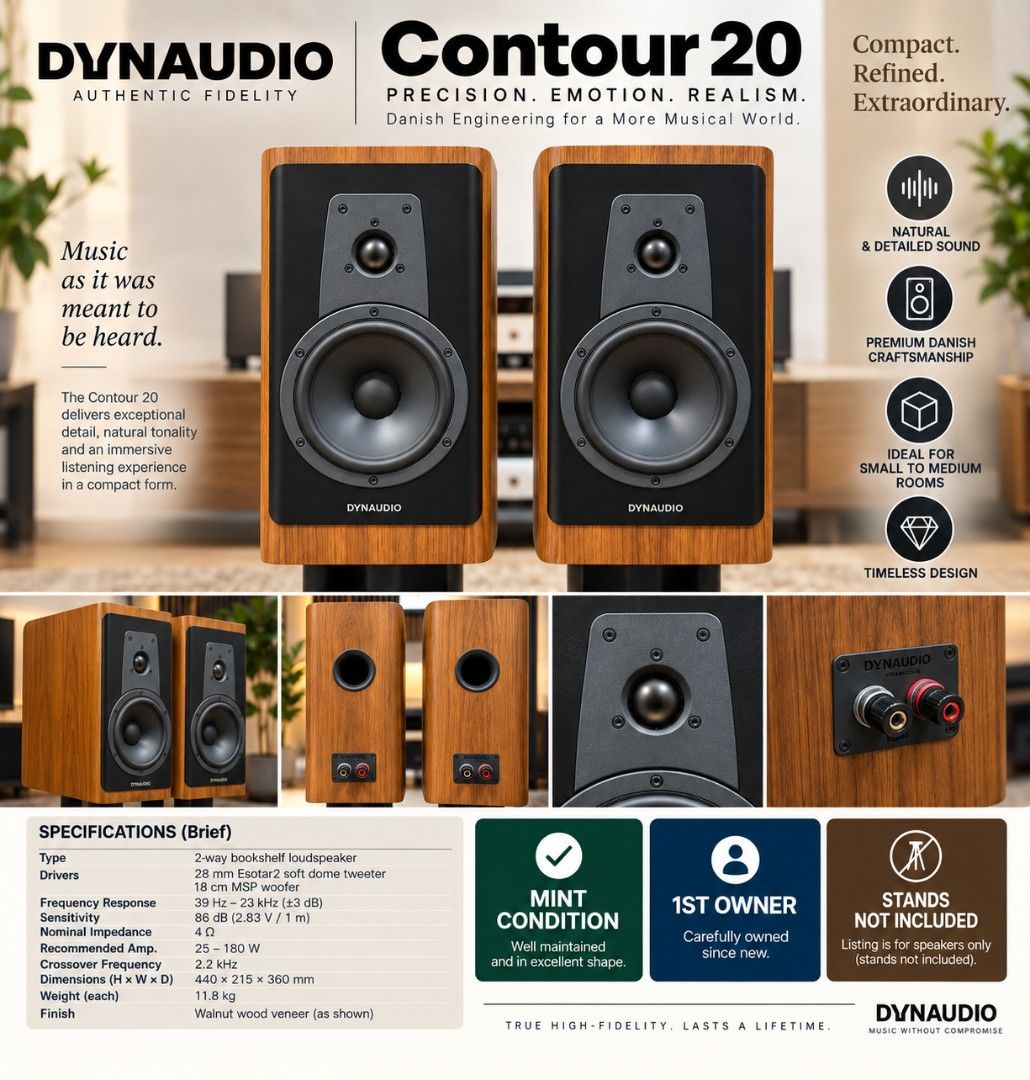 Dynaudio Contour 20 Bookshelf Speakers Walnut (Category: Soundbars, Speakers & Amplifiers) located in Quezon City. Submitted by btz753 (Listing ID 1464964860, Image 1). Description: DYNAUDIO CONTOUR 20 BOOKSHELF SPEAKERS 💎 Mint Condition 👤 First Owner 📦 Comes with Original Grilles ✨ Very well cared for — excellent condition Stands not included First to pay basis 💰 Payment upon pick-up 📍 Tandang Sora, Quezon City Serious buyers only. PM for p