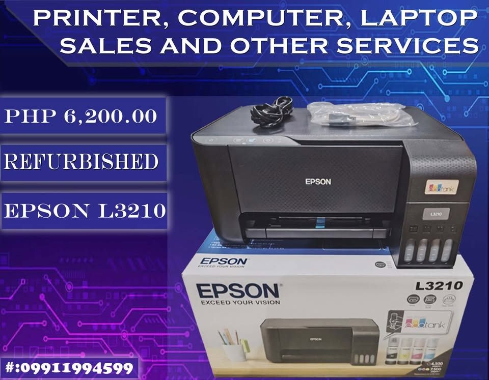 Epson L3210 All-in-One Ink Tank Printer (Category: Printers, Scanners & Copiers) located in Caloocan City. Submitted by halang_appliance_marketing (Listing ID 1464817235, Image 1). Description: - Model: Epson L3210 All-in-One Printer (Black) - Functions: Print, scan, and copy - Ink System: Continuous ink supply tank system - Inclusions: Power cable, connection cable, and original box - Condition: Excellent, complete with packaging.