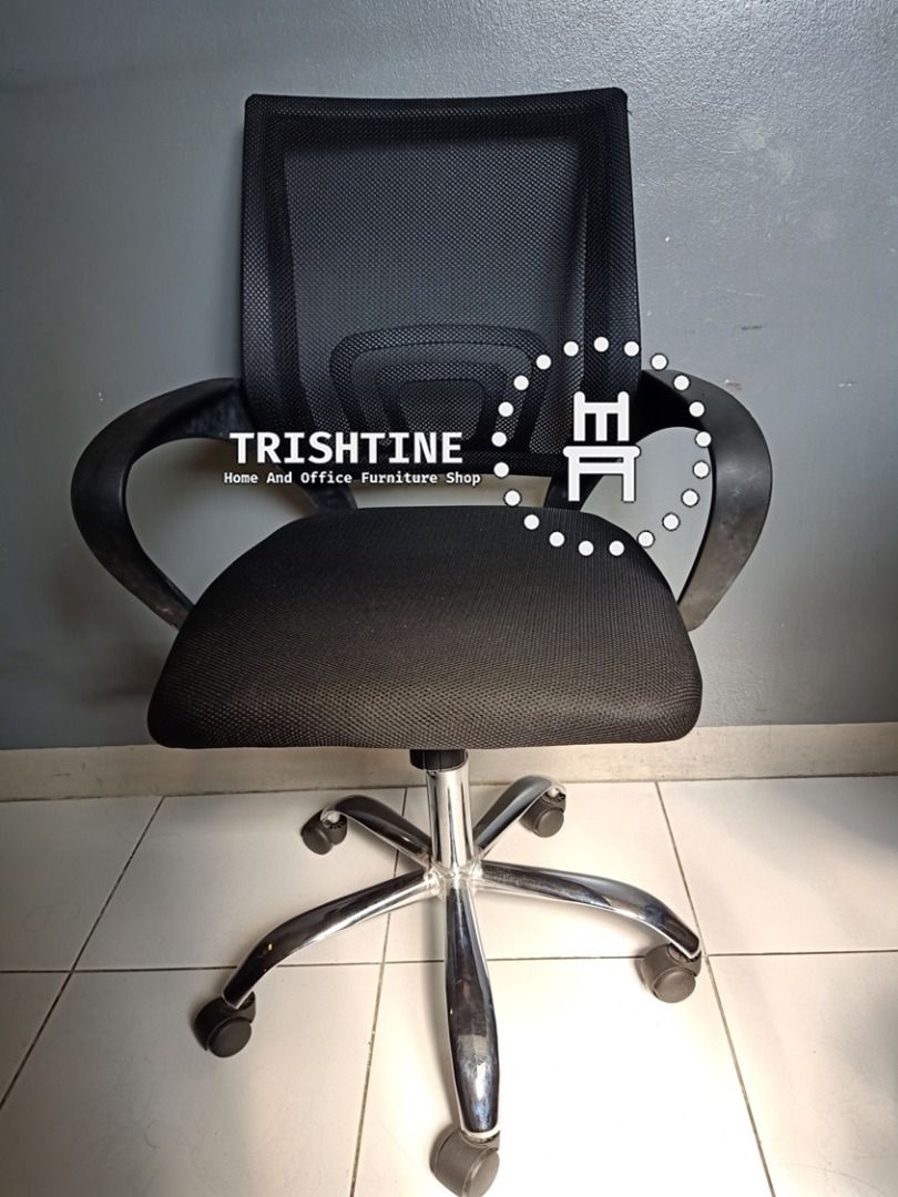 Ergonomic Mesh Office Chair with Chrome Base (Category: Office Furniture & Fixtures) located in Caloocan City. Submitted by jim.trishtineofficefurnitures (Listing ID 1464846171, Image 2). Description: - Ergonomic office chair with a breathable black mesh back and comfortable padded seat - Curved armrests designed to reduce strain during long work or study hours - Smooth-height adjustable gas lift mechanism for customized positioning - Heavy-duty 