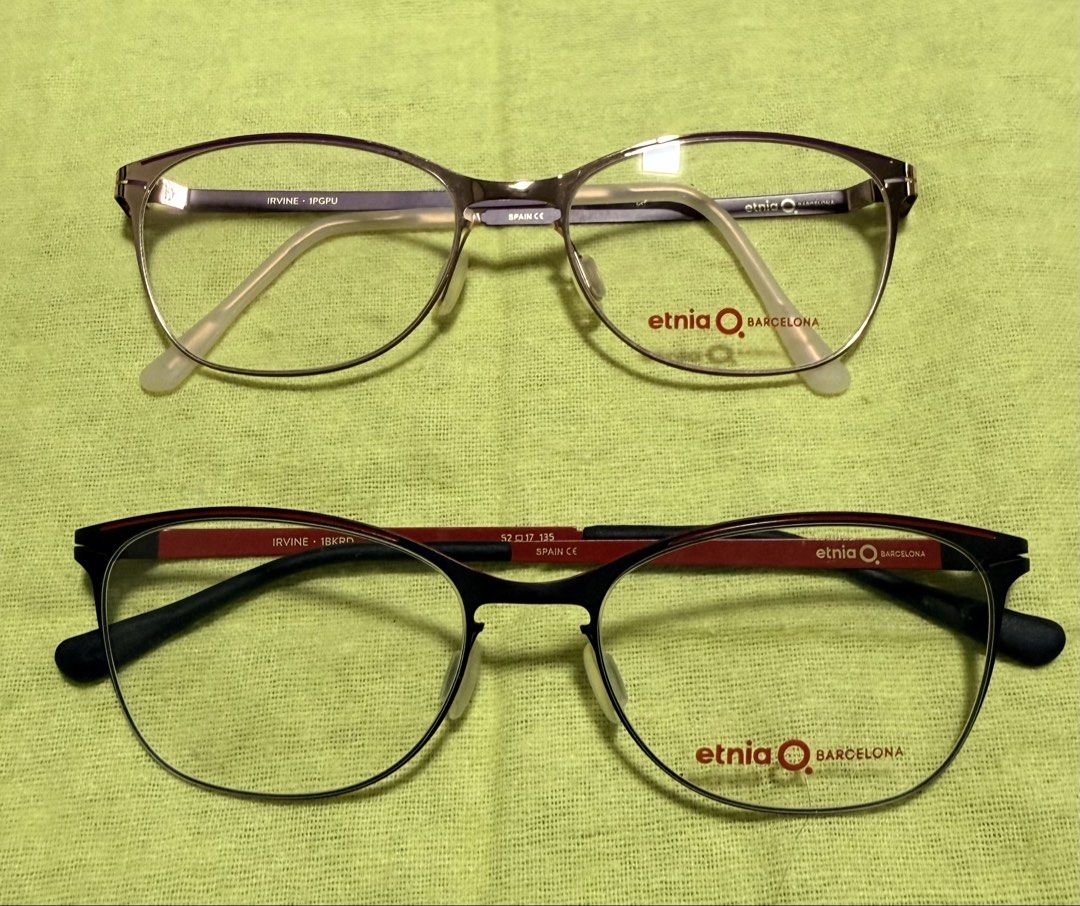 Etnia Barcelona Irvine Eyeglasses Frames (Category: Sunglasses & Eyewear) located in Dasmarinas. Submitted by toyang50 (Listing ID 1464772141, Image 1). Description: Two pairs of Etnia Barcelona Irvine glasses frames. Top pair is model Irvine 1PGPU with clear demo lenses and translucent nose pads. Bottom pair is model Irvine 1BKRD with red inner temples and black frames, 52-17-135 sizing. Both made in Spain. Demo lenses have brand printing still 