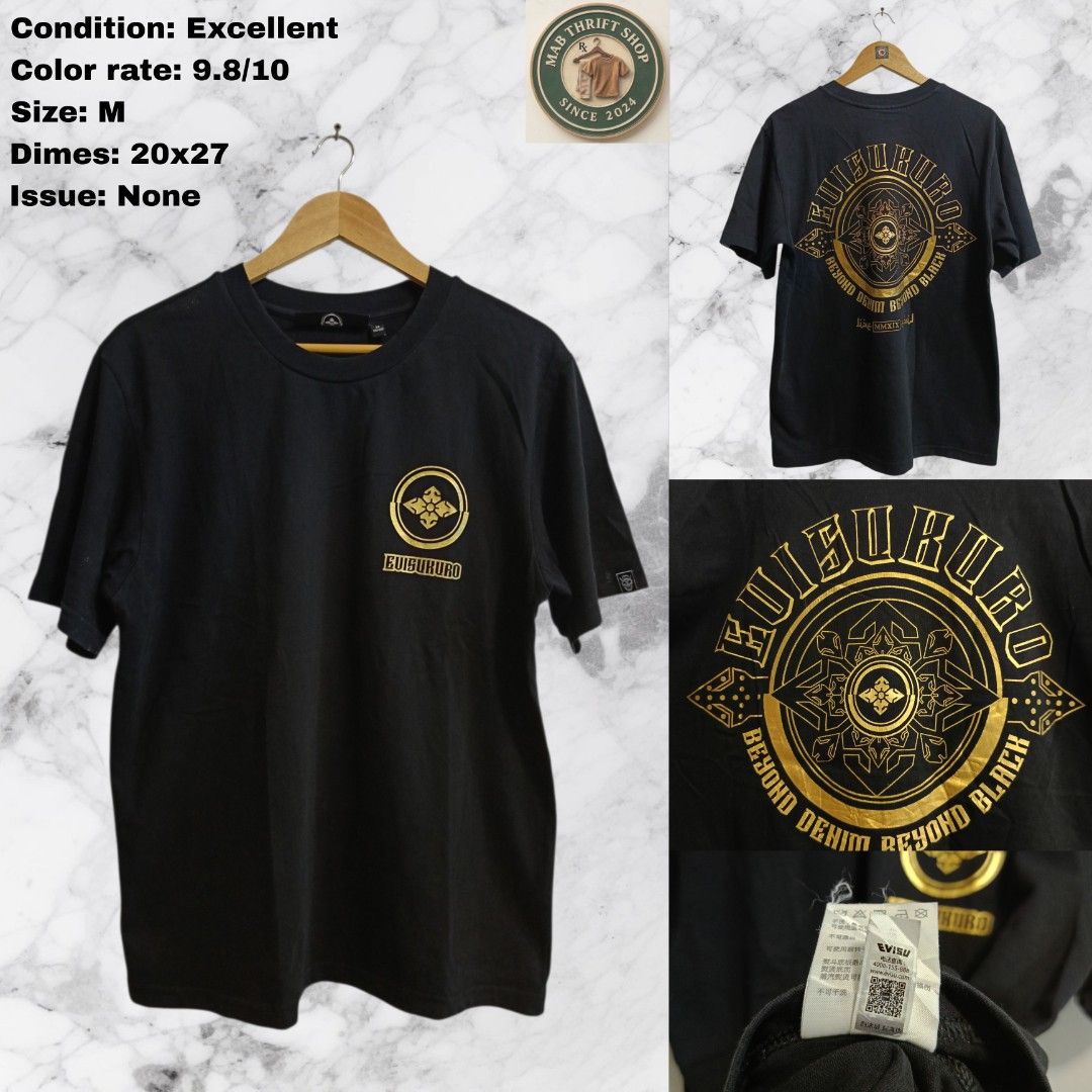 EVISUKURO TEE WITH GOLD PRINT (Category: Tshirts & Polo Shirts ) located in Kidapawan. Submitted by mabthriftshop (Listing ID 1464911813, Image 1). Description: Condition: EXCELLENT Color rate: 9.8/10 Size: M Dimes: 20x27 Issue: NONE ⚠️ Buyer Notice: Please review all condition photos and size details carefully before purchasing to ensure a perfect fit. Ship Thru : J&T and LBC.