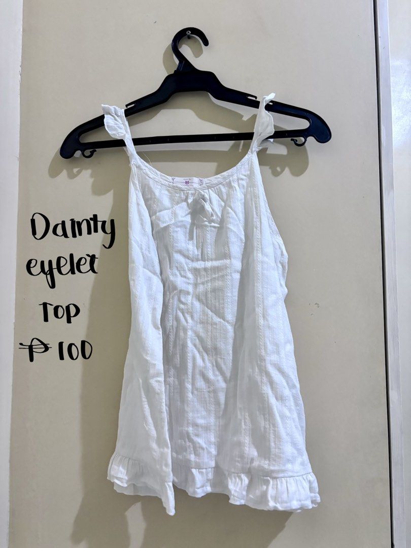 Eyelet top (Category: Sleeveless) located in Manila. Submitted by hellobarbieeee (Listing ID 1464904667, Image 1). Description: info in pic :) price nego. msg me for inquiries loc: dlsu taft (daily) / bgc (wed,thu) / megamall (mon,tue) mod: lalamove / jnt / meetup.