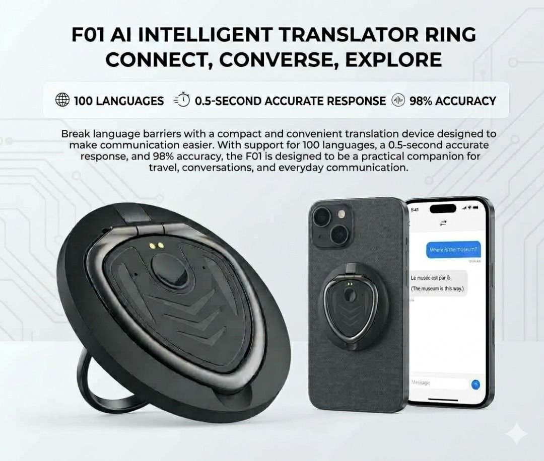 F01 AI Intelligent Translator Ring – 100 Languages (Category: Other Gadgets) located in Manila. Submitted by jancollx (Listing ID 1464850235, Image 1). Description: 🌍 F01 AI INTELLIGENT TRANSLATOR RING Break the language barrier wherever you go! ✨ The F01 AI Intelligent Translator Ring is designed to help make communication easier and more convenient, especially when traveling or communicating with people who speak different languages. 🌐 100 La