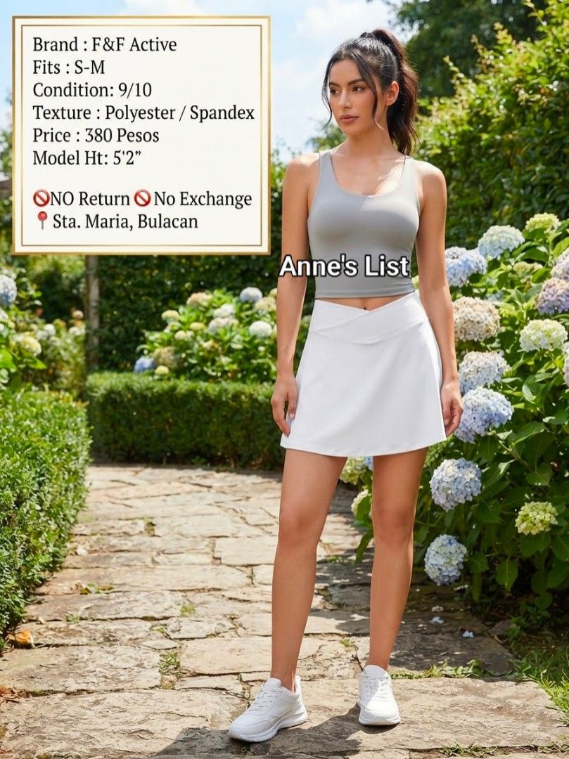 F&F Active White Cross Waist Skort (Category: Activewear) located in Santa Maria. Submitted by anne_s.list (Listing ID 1464840524, Image 1). Description: - Brand: F&F Active - Color: Bright White - Size: M (fits S to M comfortably) - Design: Trendy crossover high waist with built-in shorts - Material: Quick-dry and soft-touch fabric - Ideal for: Workouts, tennis, and casual daily wear RFS : Letting go of pieces I no longer use. #activewear #sport