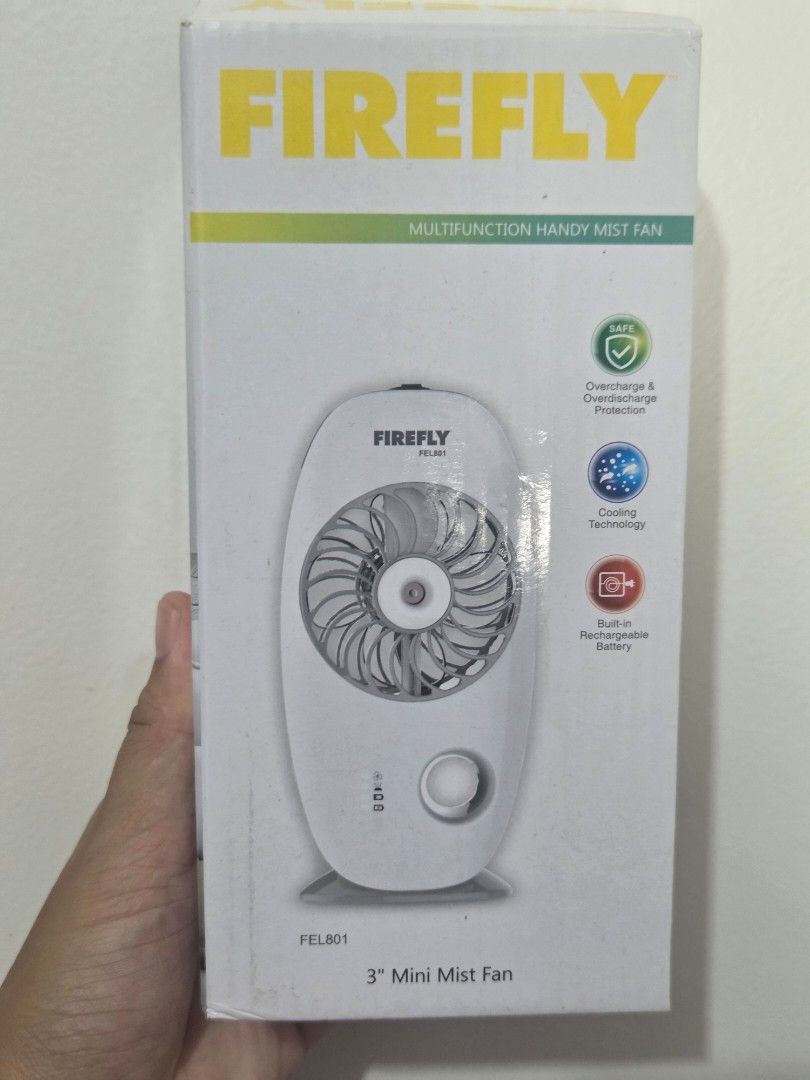 Firefly 3-Inch Mini Mist Fan FEL801 (Category: Fans) located in Santa Rosa. Submitted by prelovvdd (Listing ID 1464797078, Image 3). Description: - Model: Firefly FEL801 (3-inch mini mist fan) - Color: White body with sleek grey fan blades - Battery: Built-in rechargeable lithium-ion battery - Safety: Overcharge and overdischarge protection included - Condition: Comes with original retail box.