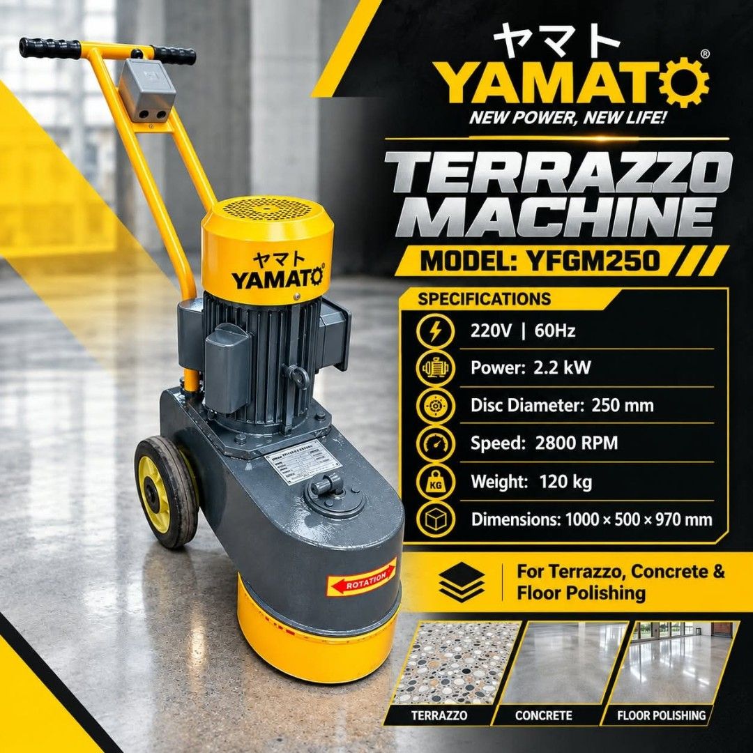 Floor grinder (Category: Announcements) located in Manila. Submitted by mightystone_e27faa (Listing ID 1464810108, Image 1). Description: YAMATO TERRAZZO MACHINE FLOOR GRINDER Model: 250mm Power: 2.2kw Voltage: 220V Frequency: 60Hz Size: 1100x500x900mm Motor Speed: 1800r/min Working Diameter: 250mm Weight: 120KG For more inquiries just call us 📲 +63 9629280117.