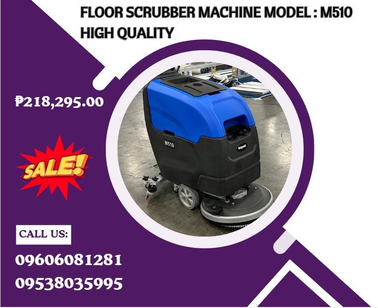 Floor Scrubber Machine Model : M510 high quality (Category: Everything Else Others) located in Caloocan City. Submitted by happystorm_d41630 (Listing ID 1464782031, Image 1). Description: ●Working width: 510mm ●Squeeqe width: 850mm ●Cleaning efficiency: 2600 m³/h ●Max. Forward Speed: 4.5km/h ●Brush pressure: 40kg ●Brush RPM: 175rpm ●Solution tank: 50L ●Recovery tank: 55L ●Brush motor power: 550W ●Suction motor power: 500W ●Traction motor power:40