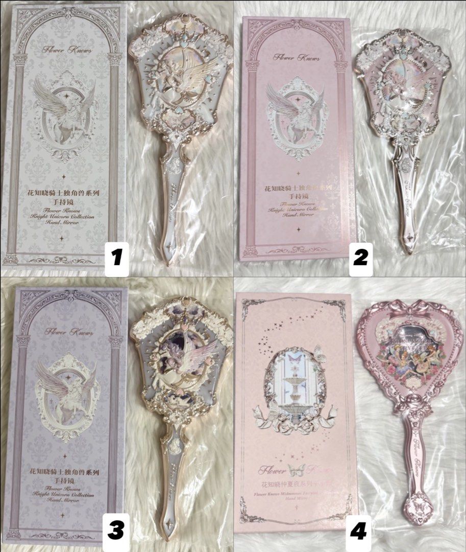 Flower Knows Hand Mirror (Category: Makeup) located in Cavite. Submitted by 3yaaa018 (Listing ID 1464902565, Image 2). Description: 1.) Flower Knows Knight Unicorn Hand Mirror (Cloud White) - ₱900 2.) Flower Knows Knight Unicorn Hand Mirror (Starlight Pink) - ₱900 3.) Flower Knows Knight Unicorn Hand Mirror (Moonlight Lilac) - ₱900 4.) Flower Knows Midsummer Fairytale Collection Hand Mirror (Milky Pink) - ₱850 5.) Flower Knows Midsummer Fairytale
