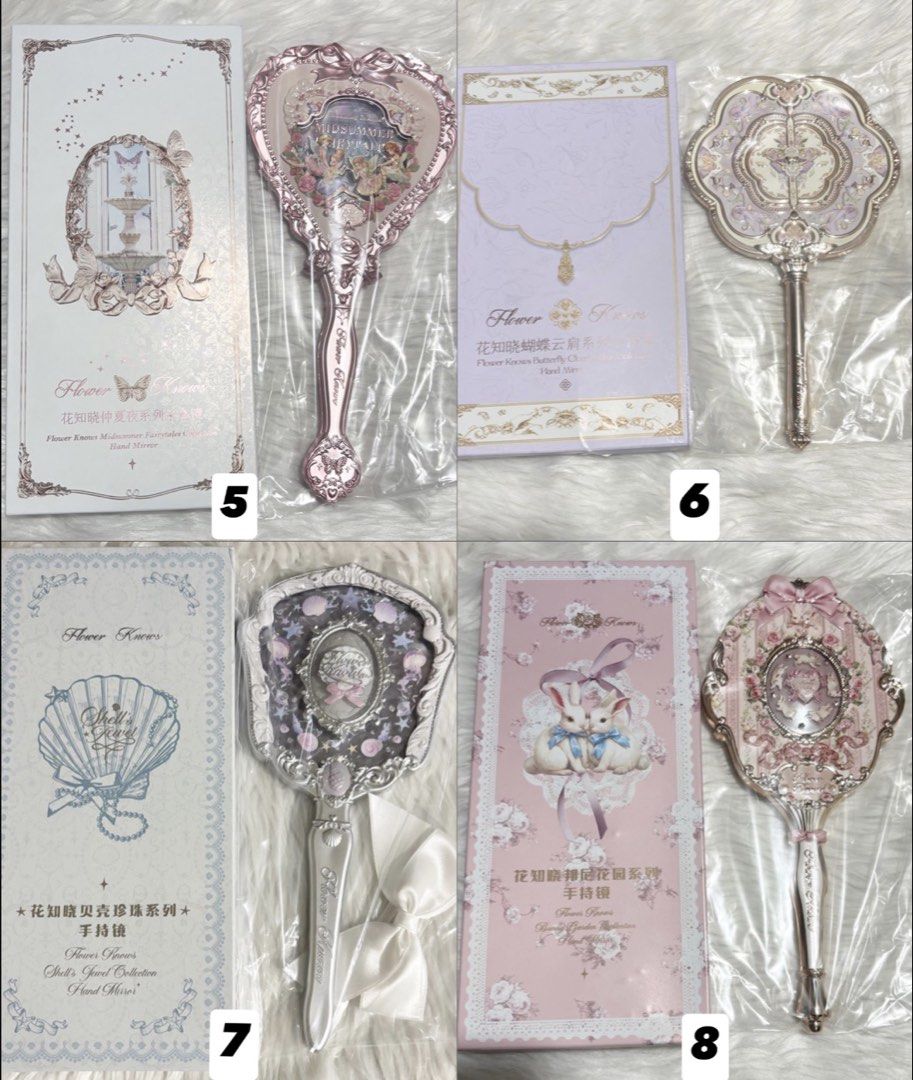 Flower Knows Hand Mirror (Category: Makeup) located in Cavite. Submitted by 3yaaa018 (Listing ID 1464902565, Image 3). Description: 1.) Flower Knows Knight Unicorn Hand Mirror (Cloud White) - ₱900 2.) Flower Knows Knight Unicorn Hand Mirror (Starlight Pink) - ₱900 3.) Flower Knows Knight Unicorn Hand Mirror (Moonlight Lilac) - ₱900 4.) Flower Knows Midsummer Fairytale Collection Hand Mirror (Milky Pink) - ₱850 5.) Flower Knows Midsummer Fairytale