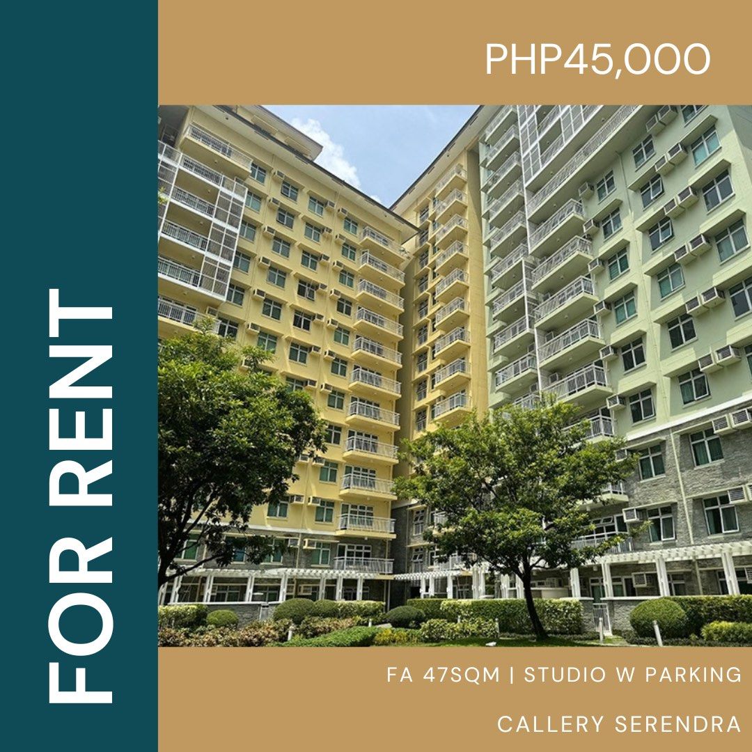 For Rent: Studio Unit Callery Serendra (Category: Apartments & Condos) located in Muntinlupa City. Submitted by chrisdimatatacbroker (Listing ID 1464854892, Image 1). Description: For Rent: Studio Unit Callery Serendra 47sqm Studio - Fully Furnished Parking Slot: 5k Min. 1 year lease FEATURES of Unit: 9th floor of Callery (low-rise building) near the elevator 47 sqm with balcony facing Serendra garden and pool The unit is very well-maintained and