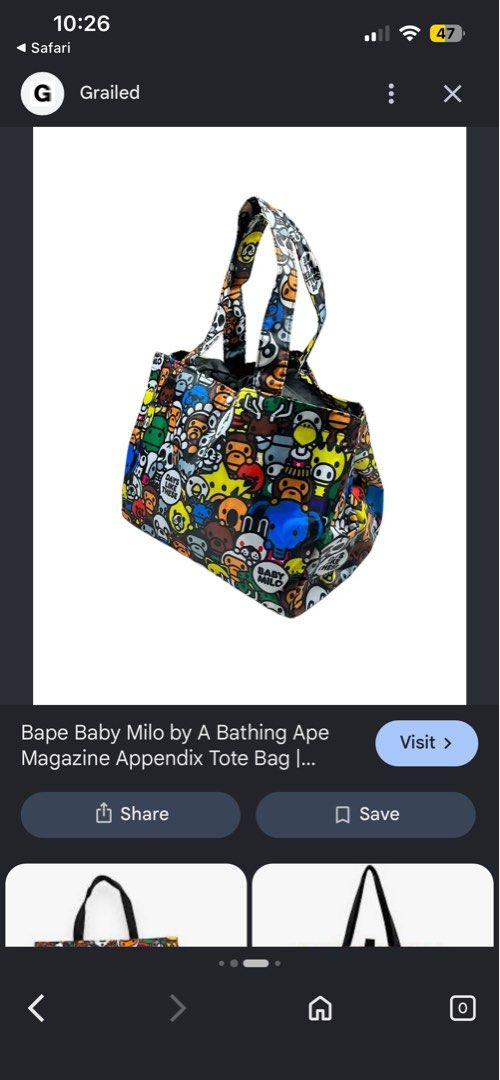 FOR SALE (Category: Tote Bags) located in Bulacan. Submitted by sef19 (Listing ID 1464910142, Image 1). Description: BAPE BABY MILO - size : med to large totebag condition : excellent price : ₱1,380 - mop : gcash / jnt pm 📩📩📩 📍BULACAN.