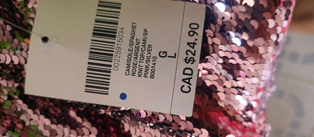 Forever 21 Pink Sequin Cami Top (Category: Sleeveless) located in Dimasalang. Submitted by tinzstory (Listing ID 1464905629, Image 3). Description: - Brand: Forever 21 - Item: Sequin Cami Top - Color: Pink and Silver - Size: Large (L) - Design: Square neckline with thin spaghetti straps and full sequin coverage - Condition: Brand new with original retail tags attached ($24.90 CAD) - Perfect for parties, clubs, and special events.