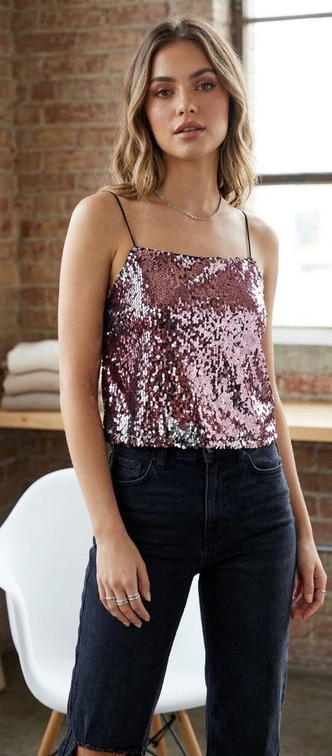 Forever 21 Pink Sequin Cami Top (Category: Sleeveless) located in Dimasalang. Submitted by tinzstory (Listing ID 1464905629, Image 2). Description: - Brand: Forever 21 - Item: Sequin Cami Top - Color: Pink and Silver - Size: Large (L) - Design: Square neckline with thin spaghetti straps and full sequin coverage - Condition: Brand new with original retail tags attached ($24.90 CAD) - Perfect for parties, clubs, and special events.