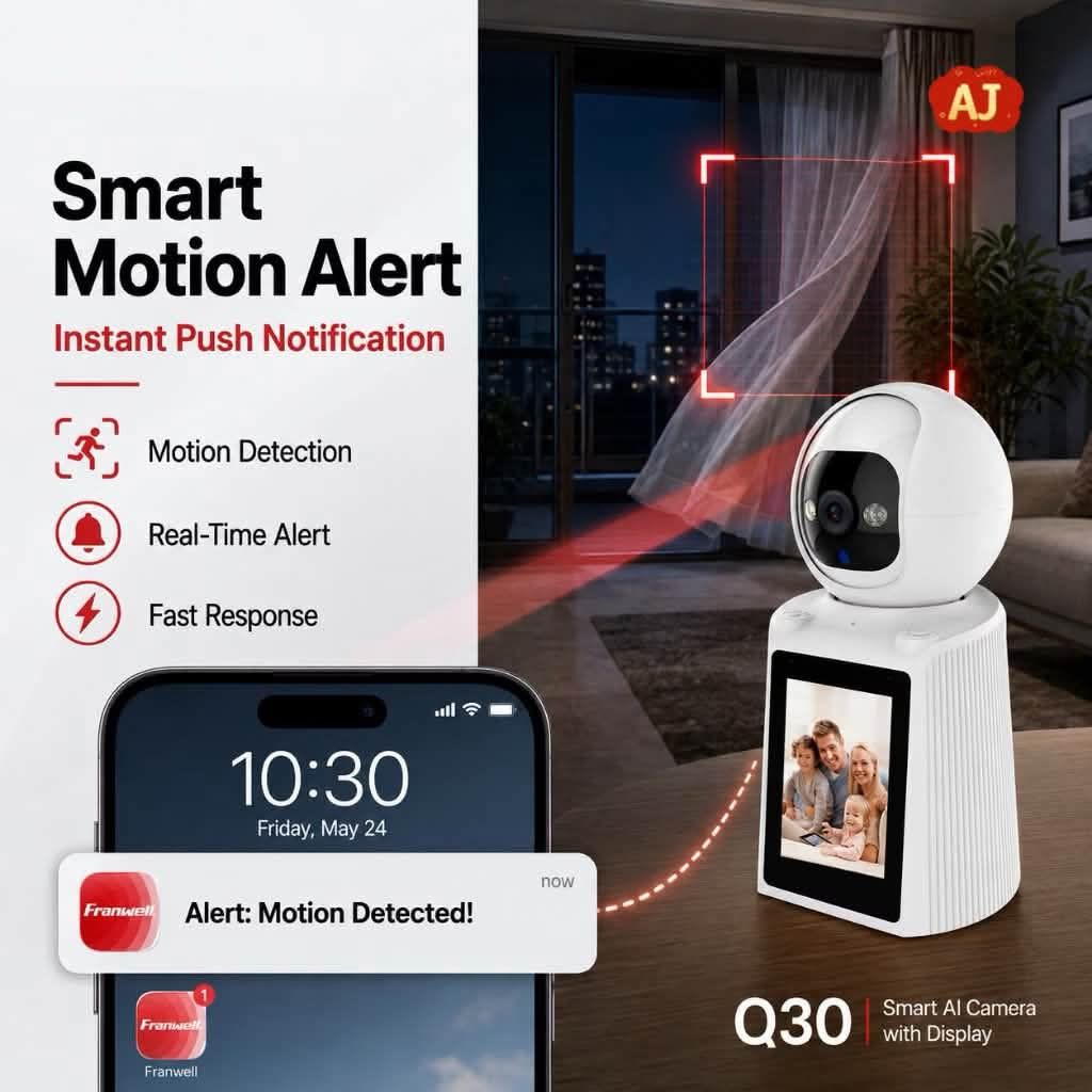 Franwell Q30 Smart AI Camera with 2.8-inch Display (Category: Security Systems & CCTV Cameras) located in Manila. Submitted by iliasjen3082126 (Listing ID 1464942965, Image 2). Description: - Model: Franwell Q30 Smart Camera - Built-in 2.8-inch screen for easy video calls - Crystal clear 1080P Full HD at 25FPS (2MP CMOS sensor) - 350° horizontal and 60° vertical rotation for wide coverage - Two-way audio and convenient one-button video call featu