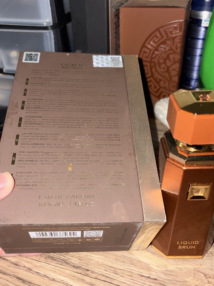 French Avenue Liquid Brun Eau De Parfum 100ml (Category: Fragrance & Deodorants) located in Manila. Submitted by thriftease11 (Listing ID 1464892611, Image 3). Description: - Brand: French Avenue - Fragrance: Liquid Brun Eau de Parfum - Size: 100ml bottle (80%) - Scent Profile: Rich warm spicy - Condition: Tested a couple of sprays only, practically full - Packaging: Comes with original presentation box and fitted interior - Reason for selling: D