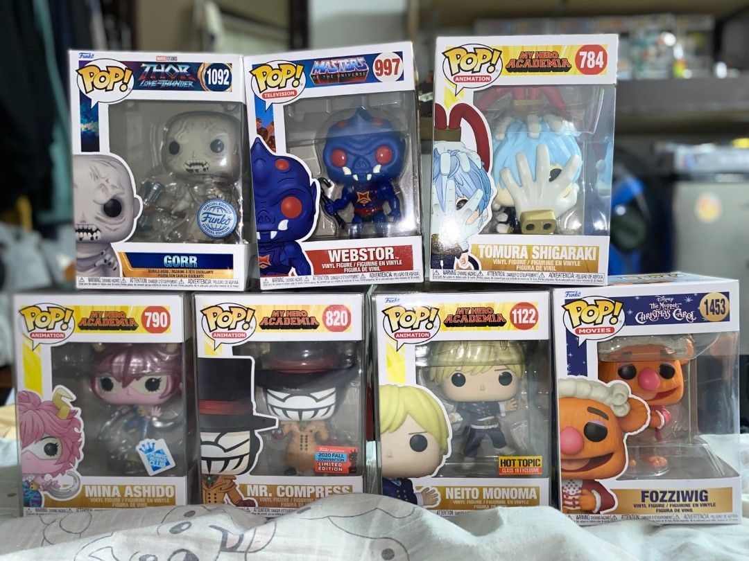 Funko Pop Vinyl Figures Assorted Collection (Category: Designer & Blind Box Toys) located in Manila. Submitted by glen798888 (Listing ID 1464891900, Image 1). Description: PRICE IS NEGOTIABLE Bundle of Funko Pop vinyl figures including Thor Love and Thunder Gorr, Masters of the Universe Webstor, My Hero Academia Tomura Shigaraki, Mina Ashido, Mr. Compress, Neito Monoma, and The Muppets Christmas Carol Fozziwig. Various numbers from 784 up to 1453