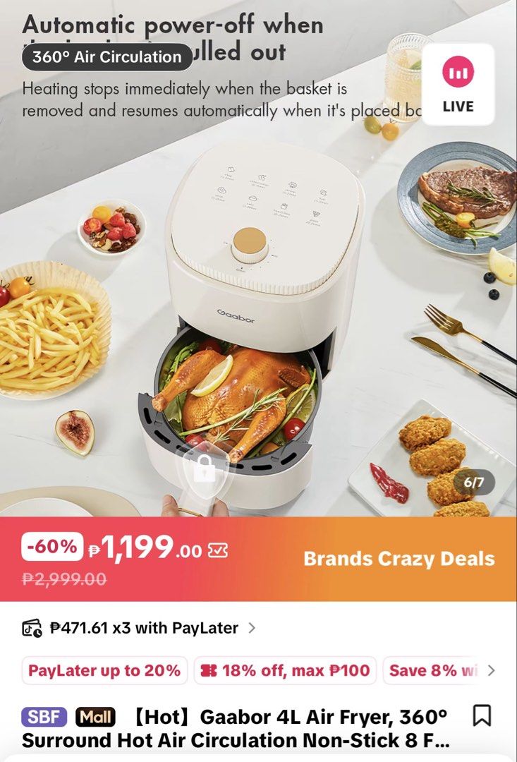 Gaabor Air Fryer White (Category: Bathroom & Kitchen Fixtures) located in Marikina City. Submitted by yokorobiii (Listing ID 1464947770, Image 3). Description: Brand: Gaabor Product Name: Air Fryer Model: AF-35M02A/AF-35M01A Rated Capacity: 4L Color: Black/White Product Size: 218*310*273 (mm) Location: Marikina.