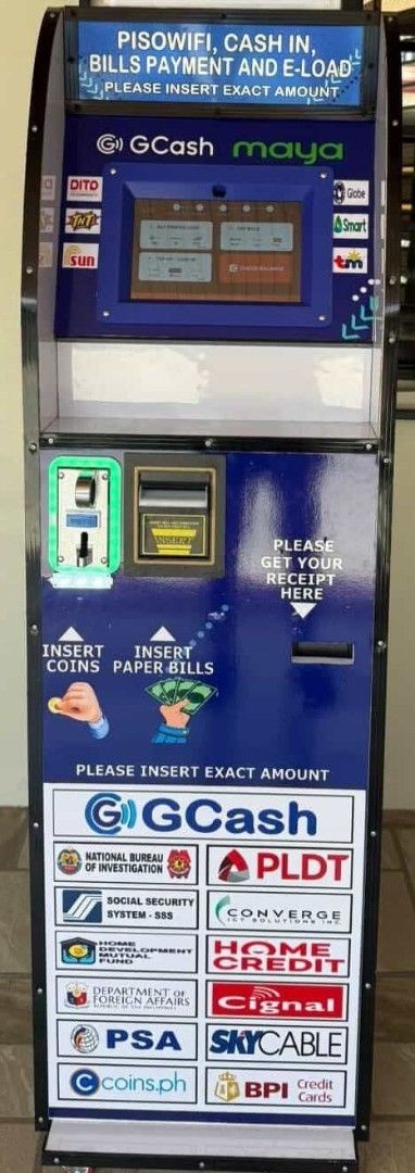 GCash Maya Self Service Vendo Machine Bills Payment E-Load (Category: Office & Business Technology) located in Manila. Submitted by absolutexau (Listing ID 1464790649, Image 2). Description: - All-in-one business kiosk for GCash, Maya, Pisowifi, e-load, and bills payment - Accepts both paper bills and coins - Easy-to-use touchscreen interface with built-in receipt printer - Supports major billers including PLDT, Converge, SSS, NBI, Cignal, and Sk