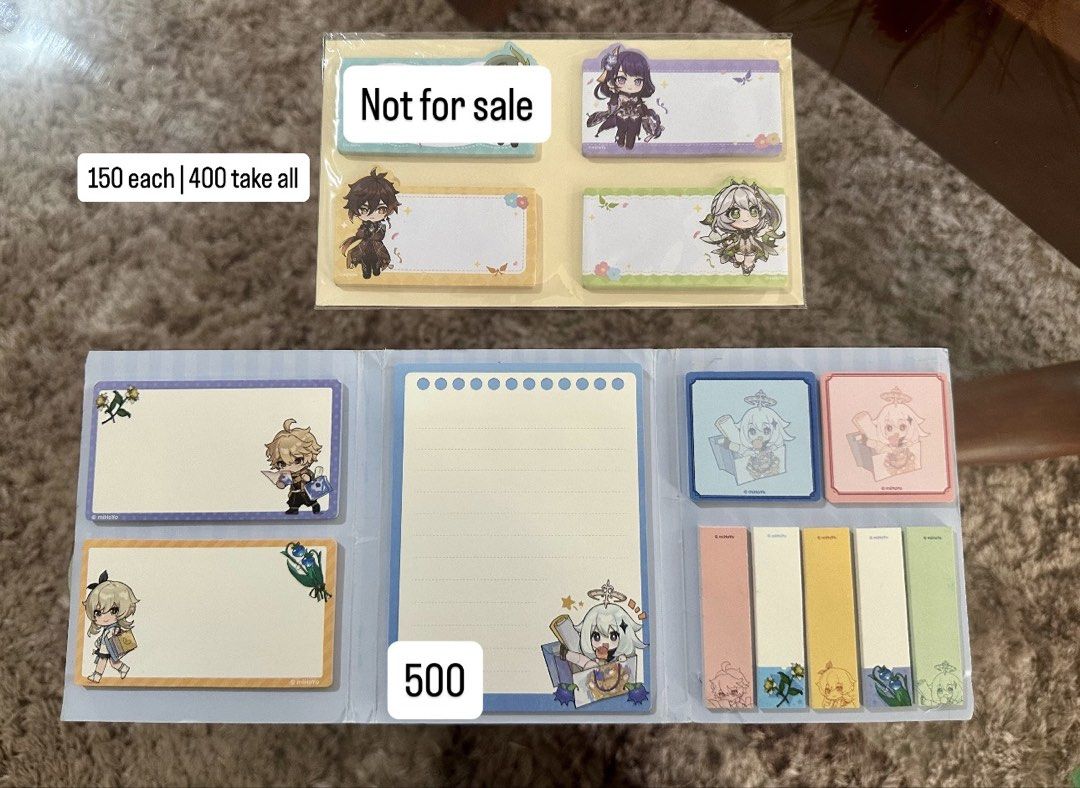 Genshin Impact Sticky Notes Memo Pad Set (Category: Stationery & School Supplies) located in Naga. Submitted by windybreeze616 (Listing ID 1464879604, Image 1). Description: Genshin Fes Notepad - 500 Genshin Archon Sticky Notes - 150 each, take all 400 (Prio set taker!!) MOP: Gcash MOD: JnT Rfs: most are freebies i got from buying and im not interested in keeping them Buyer must cover the shipping cost.