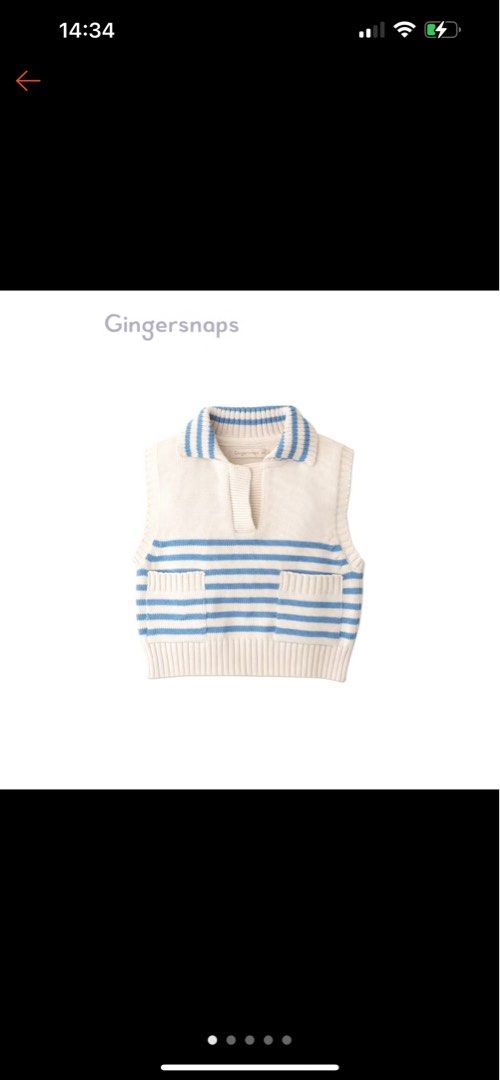 Gingersnaps Blue and White Striped Knitted Collared Top (Category: Babies & Kids Fashion) located in Rosario. Submitted by yazah.shop (Listing ID 1464773221, Image 1). Description: - Size: 8Y, fits 4-6y/o - Color: Cream with blue stripes - Style: Sleeveless vest, v-neck polo collar, two front patch pockets - Details: Ribbed hem and collar, soft knit fabric - Condition: Great for layering or wearing on its own.