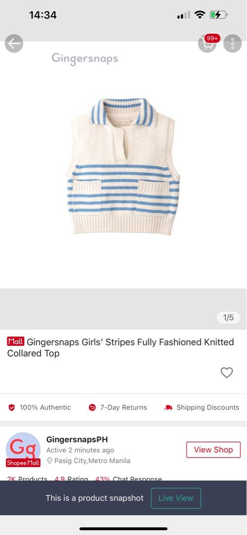 Gingersnaps Blue and White Striped Knitted Collared Top (Category: Babies & Kids Fashion) located in Rosario. Submitted by yazah.shop (Listing ID 1464773221, Image 2). Description: - Size: 8Y, fits 4-6y/o - Color: Cream with blue stripes - Style: Sleeveless vest, v-neck polo collar, two front patch pockets - Details: Ribbed hem and collar, soft knit fabric - Condition: Great for layering or wearing on its own.