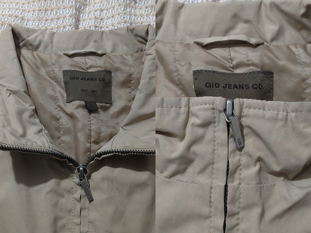 Gio Jeans Co Beige Casual Jacket (Category: Coats, Jackets and Outerwear) located in Paranaque City. Submitted by vicibaltazar (Listing ID 1464811221, Image 3). Description: - Brand: Gio Jeans Co - Color: Khaki Beige - Closure: Full front zip with high collar - Sleeves: Long with adjustable velcro cuffs - Style: Clean lines and classic cut - Condition: good .