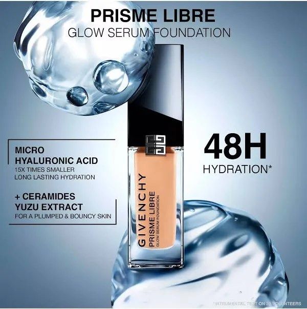 Givenchy Prisme Libre Glow Serum Foundation (Category: Makeup) located in Marikina City. Submitted by littlespender (Listing ID 1464900496, Image 2). Description: Sale or Swap :) - Brand: Givenchy - Product: Prisme Libre Glow Serum Foundation - Finish: Dewy and radiant - Hydration: Up to 48 hours of continuous moisture - Key Ingredients: Micro hyaluronic acid, ceramides, and yuzu extract - Packaging: Clear glass bottle with black 4G logo cap and 