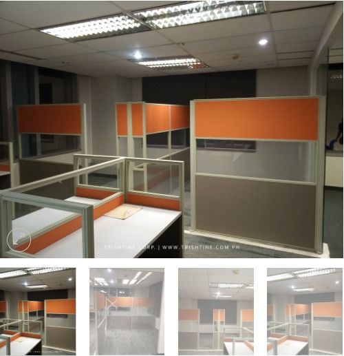 Glass Partition Room Divider (Category: Office Furniture & Fixtures) located in Caloocan City. Submitted by jim.trishtineofficefurnitures (Listing ID 1464842247, Image 1). Description: - Modern office cubicle partitions with sturdy metal frames - Features eye-catching orange fabric panels and glass inserts - Includes built-in desks with clean white tops - Ideal for creating a professional and contemporary workspace layout - Note: Buyer must handl
