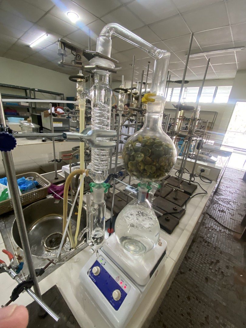 Glass Steam Distillation Unit with condenser 2L capacity (Category: Medical Supplies & Tools) located in Cagayan de Oro. Submitted by haypsilones (Listing ID 1464783678, Image 3). Description: Nagamit ko lang mga 7 or 8 times sa undergraduate thesis. Magagamit niyo po for lab experiments or household oil extraction(essential oils from plants). Note: Di po kasama yung hot plate Inclusions: •Biomass glass •Distillation flask with filling port •Conn