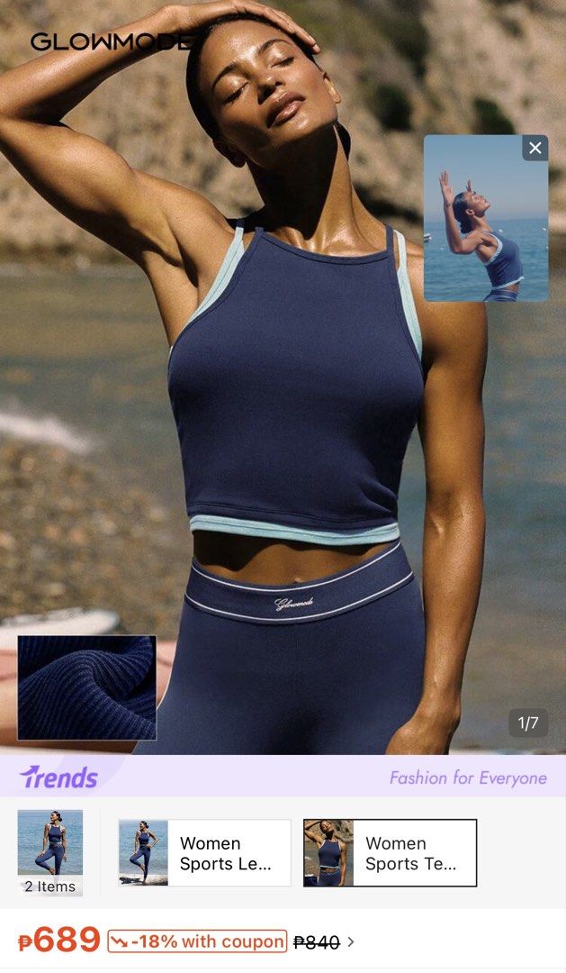 Glowmode 2-in-1 design Ribbed Active Tank Top Dark Blue (Category: Sleeveless) located in Pasig City. Submitted by jnzmrq1003 (Listing ID 1464804907, Image 1). Description: - Brand/Model: Glowmode Active Tank Top - Color: Dark blue with light blue contrast straps - Design: 2-in-1 design with a slim, waist-length fit - Material: Luxe PimaSoft ribbed fabric (extra-long cotton fibers for a super soft feel) - Features: Naturally breathable, 4-way str