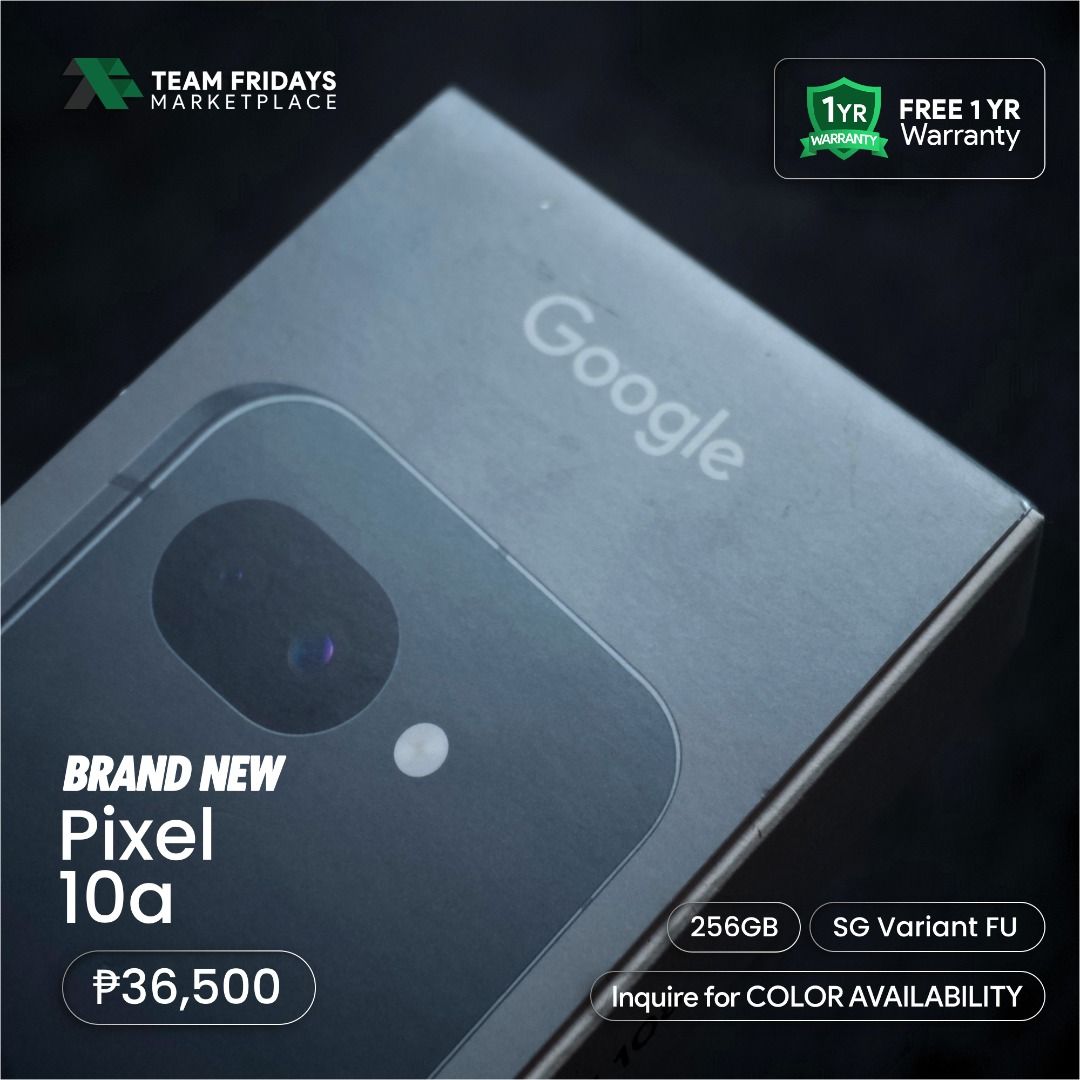 Google Pixel 10a (256GB) (Category: Google Pixel) located in Quezon City. Submitted by teamfridaysmarketplace (Listing ID 1464788929, Image 2). Description: Google Pixel 10a (256GB) Openline SALE Price: Php36500 + 1 Year Google Assistance Warranty Google Pixel 10a (128GBGB) SALE Price: Php29800 + 1 Year Google Assistance Warranty The unit is Bnew and Sealed Warranty: 7 Days Money Back Guaranteed 1 year Google Assistance Warranty Package: complete