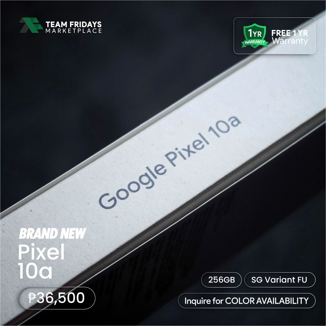 Google Pixel 10a (256GB) (Category: Google Pixel) located in Quezon City. Submitted by teamfridaysmarketplace (Listing ID 1464788929, Image 3). Description: Google Pixel 10a (256GB) Openline SALE Price: Php36500 + 1 Year Google Assistance Warranty Google Pixel 10a (128GBGB) SALE Price: Php29800 + 1 Year Google Assistance Warranty The unit is Bnew and Sealed Warranty: 7 Days Money Back Guaranteed 1 year Google Assistance Warranty Package: complete