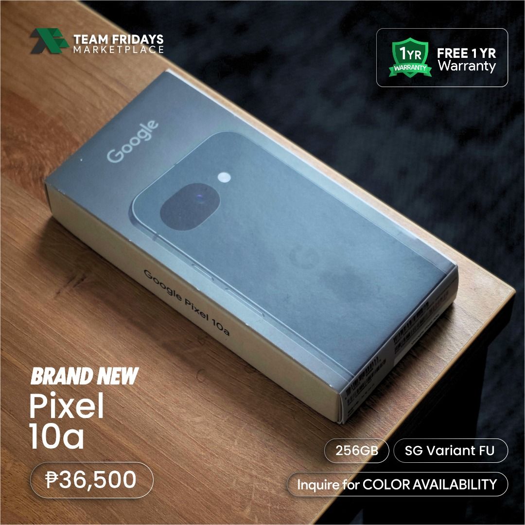 Google Pixel 10a (256GB) (Category: Google Pixel) located in Quezon City. Submitted by teamfridaysmarketplace (Listing ID 1464788929, Image 1). Description: Google Pixel 10a (256GB) Openline SALE Price: Php36500 + 1 Year Google Assistance Warranty Google Pixel 10a (128GBGB) SALE Price: Php29800 + 1 Year Google Assistance Warranty The unit is Bnew and Sealed Warranty: 7 Days Money Back Guaranteed 1 year Google Assistance Warranty Package: complete
