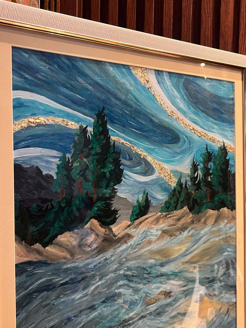 Gracious Tempest Original Oil Painting (Category: Art & Prints) located in Manila. Submitted by truestar-9eec (Listing ID 1464812471, Image 2). Description: - Title: Gracious Tempest - Artist: Shekeinah Faith D. Vibar (Dated: July 16, 2026) - Medium: Original oil on canvas with gold leaf accents - Size: 18 x 24 inches - Subject: Textured landscape with pine trees and water - Condition/Details: Framed with visible signature at the bottom right - I