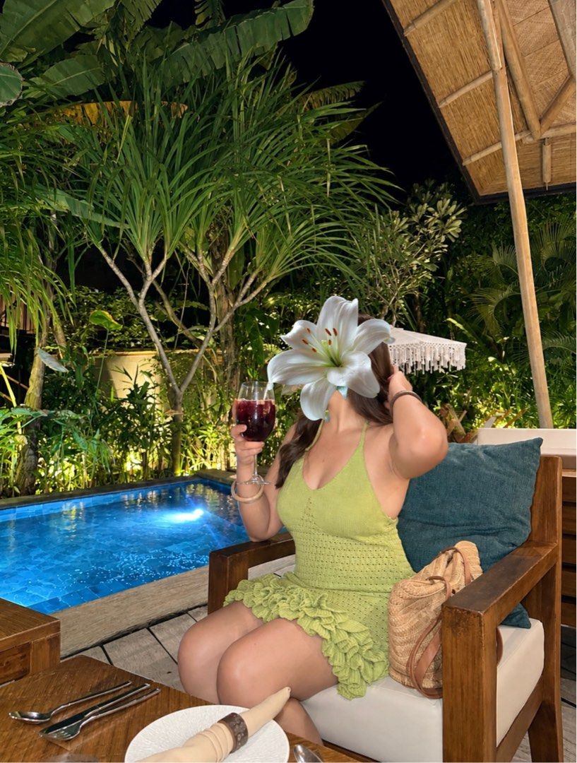 Green Crochet Ruffle Halter Dress (Category: Dresses) located in Manila. Submitted by coco050421 (Listing ID 1464808296, Image 1). Description: - Color: Lime green - Style: Halter neck, open back, fitted bodice, ruffled hem - Material: Open knit crochet texture, comfortable for warm weather - Condition: Worn once, washed and clean - Ideal for: Resort dinners, beach clubs, and vacations (easy to pack).