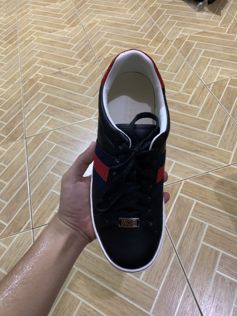 Gucci Ace Sneakers Black with Red Blue Web (Category: Sneakers) located in Marikina City. Submitted by mccartwheel (Listing ID 1464845649, Image 3). Description: Black leather Gucci Ace sneakers Size 8.5 Authentic complete box with authenticity paper bought on US negotiable dm for more details.