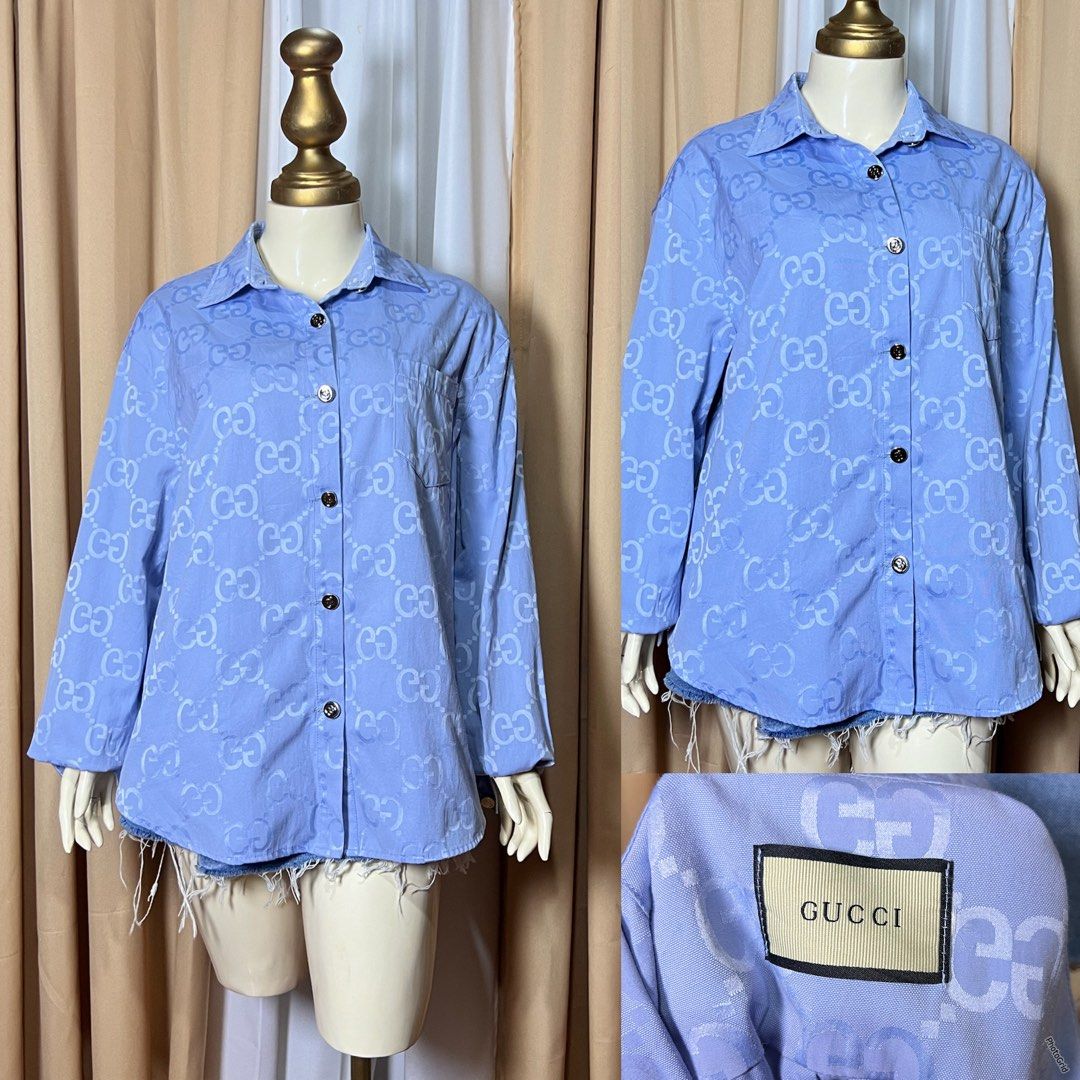 Gucci Monogram Light Blue Long Sleeve Button Up Shirt (Category: Formal Shirts) located in Kidapawan. Submitted by frizzyjayne (Listing ID 1464863555, Image 1). Description: - Brand: Gucci - Style: Long sleeve button-up shirt - Color: Light blue - Pattern: All-over interlocking G monogram jacquard - Details: Classic collar, front button closure with branded hardware, and a chest pocket - Condition: Clean neckline and neat stitching throughout - V